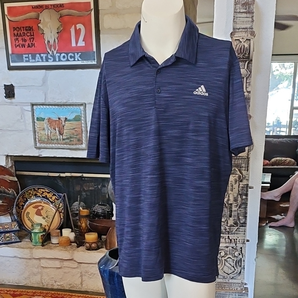 Adidas Blue Polyester Knit Golf Polo Shirt Size L